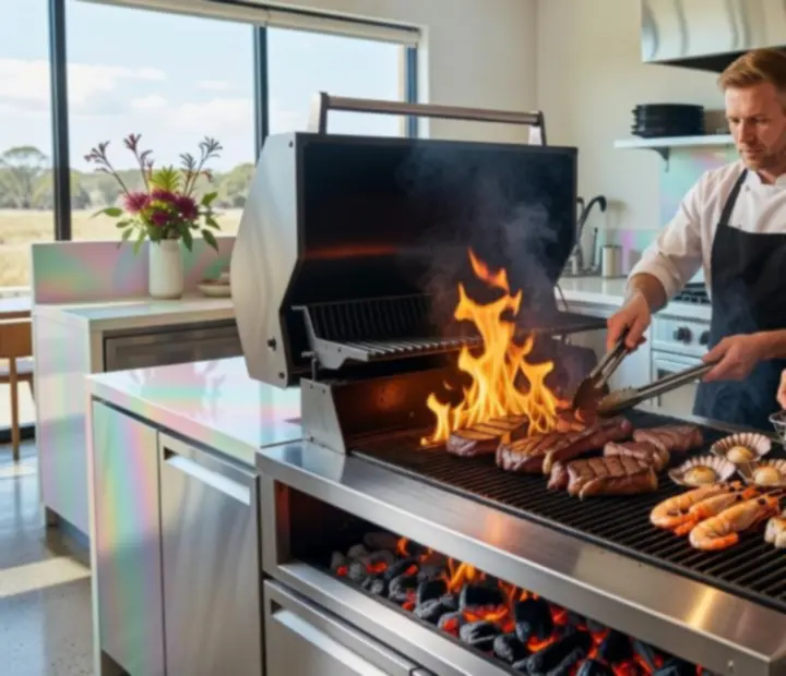 Chef working over an open charcoal grill at Chip & Charcoal