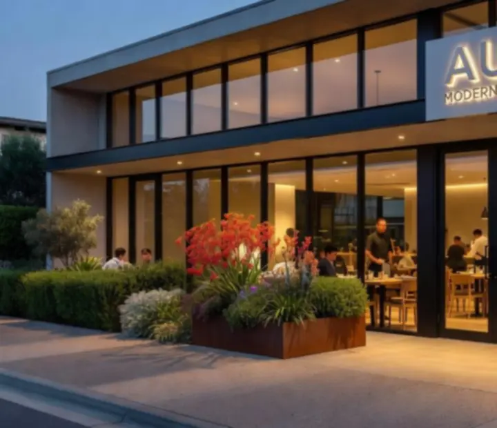 Exterior of Chip & Charcoal, a modern Australian charcoal restaurant with warm lighting