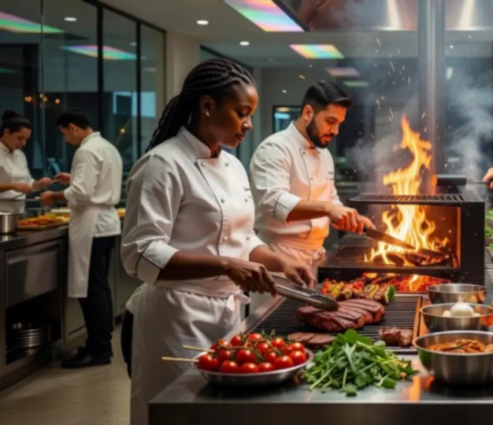 Chef team at Chip & Charcoal preparing charcoal-grilled dishes in an open kitchen