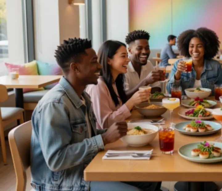 Friends smiling and leaving a guest review after dining at Chip & Charcoal
