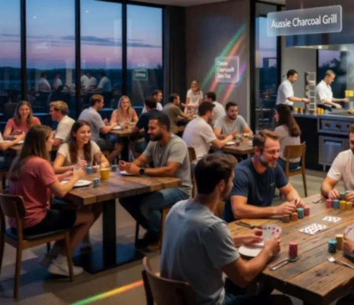 Modern Australian restaurant with charcoal grill and friends enjoying offline poker night