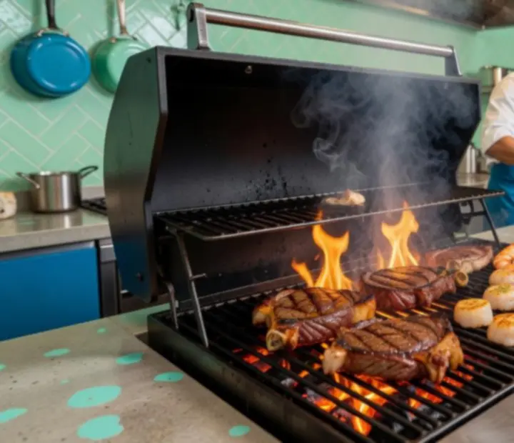 Open charcoal grill with steaks and seafood cooking over glowing coals