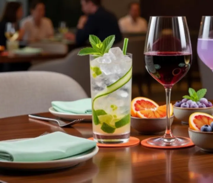 Signature cocktails and Australian wines on a table at Chip & Charcoal