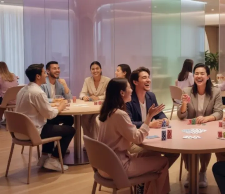 Guests laughing and playing poker at modern restaurant tables